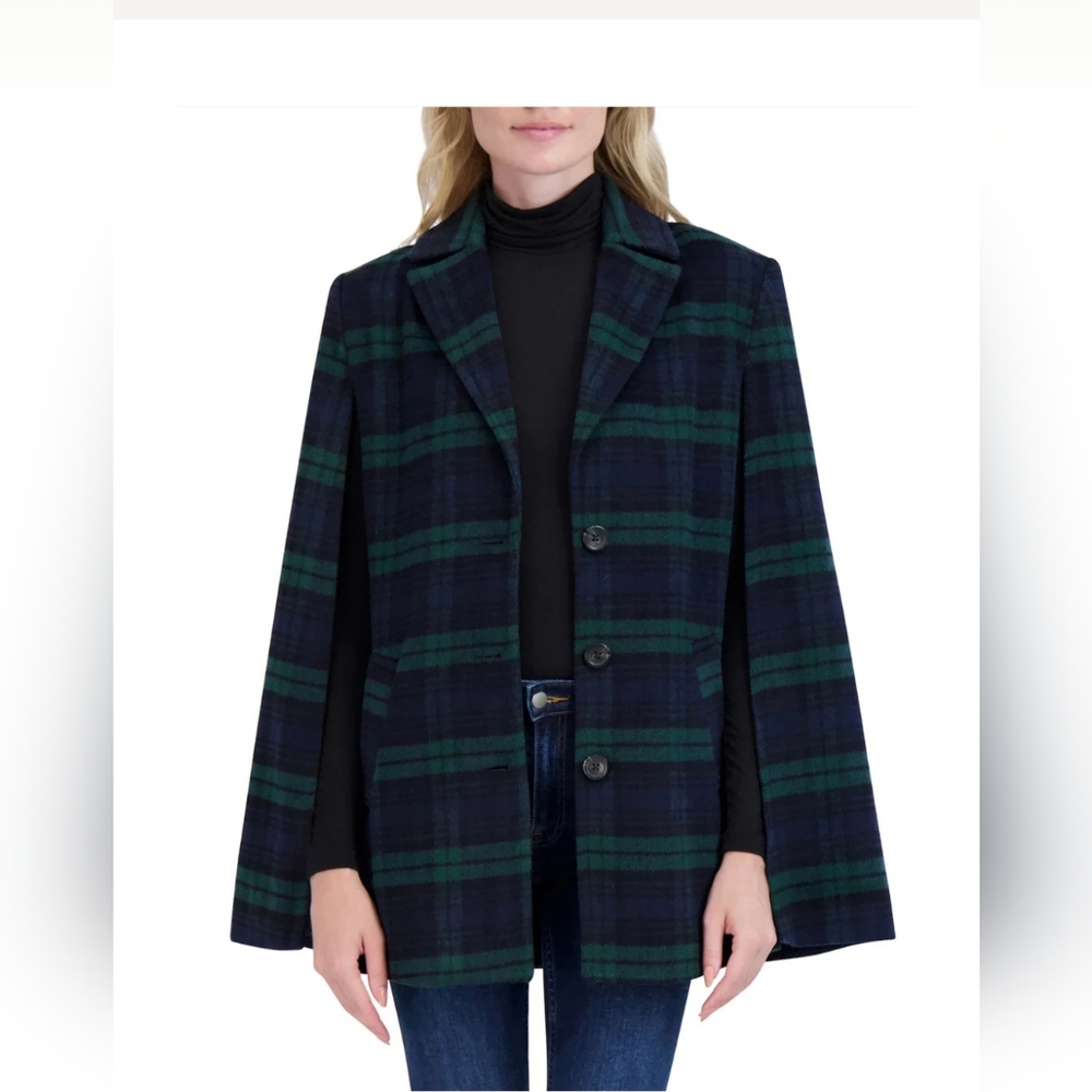 Ookie & Lala Plaid Green and Blue Wool Cape Jacket Blazer XL